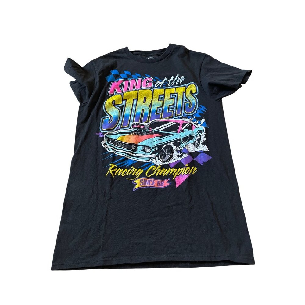 Women's Size Small Black Graphic Print T Shirt Y2K Bright Cars Streetwear 90s‎
